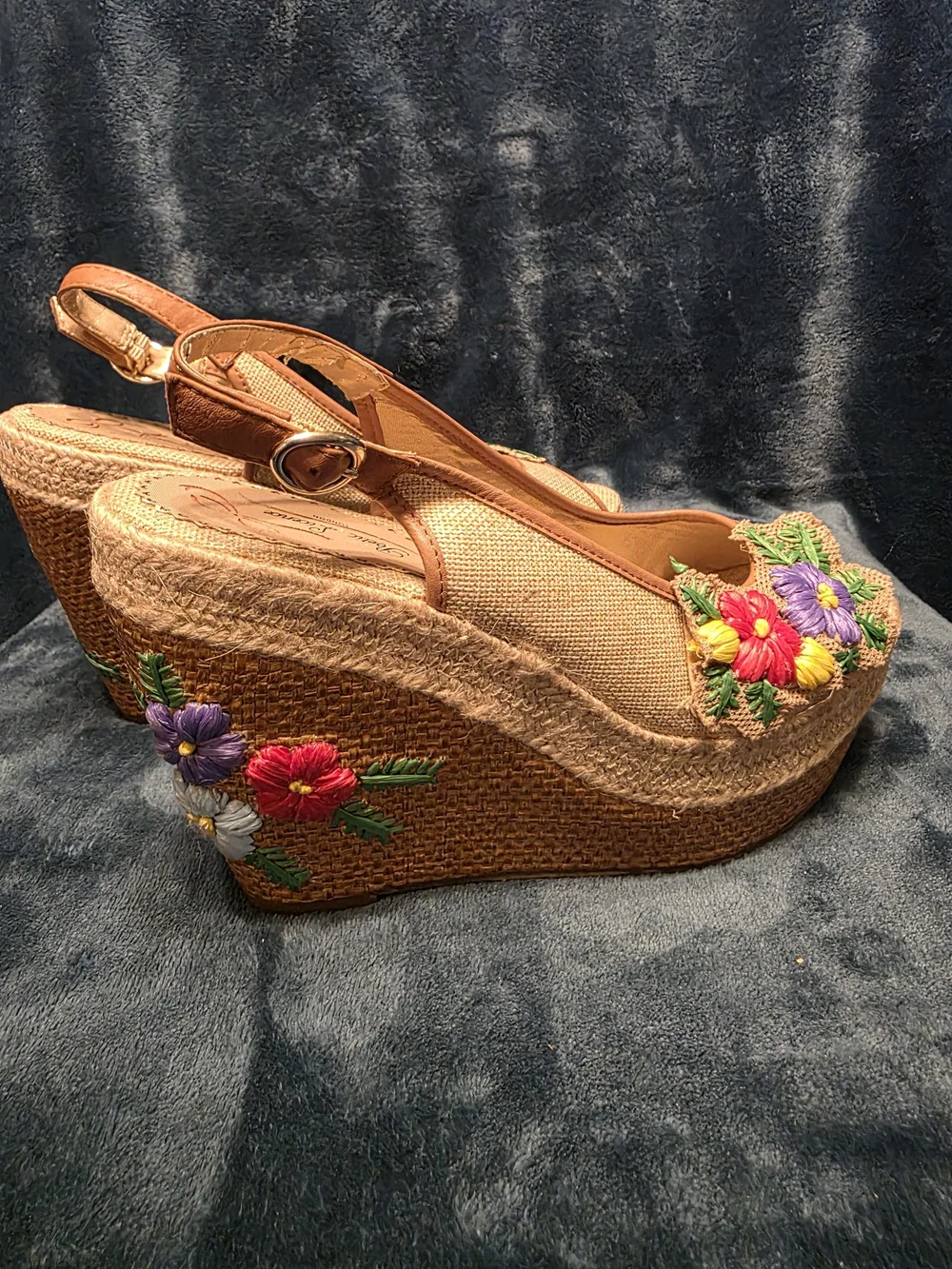 Poetic License Tan Espadrille Wedges with Red Purple Yellow Floral Embroidery